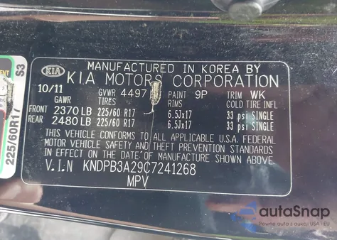 2012 Kia Sportage Lx z USA, uszkodzony, nr VIN KNDPB3A29C7241268